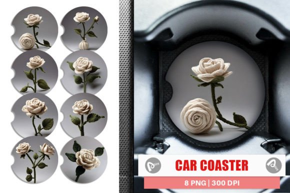 Car Coaster White Rose Embroidery