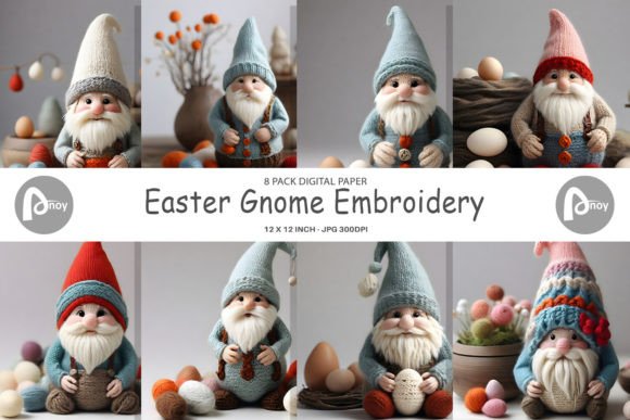 Digital Paper Easter Gnome Embroidery