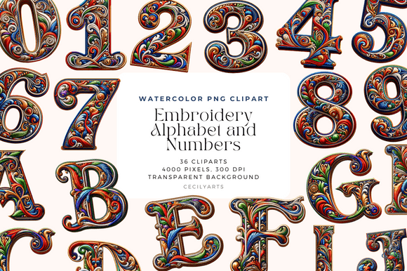 Embroidery Alphabet and Numbers Cliparts