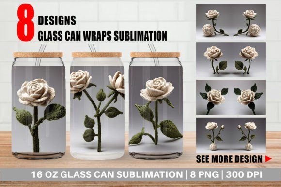Glass Can White Rose Embroidery